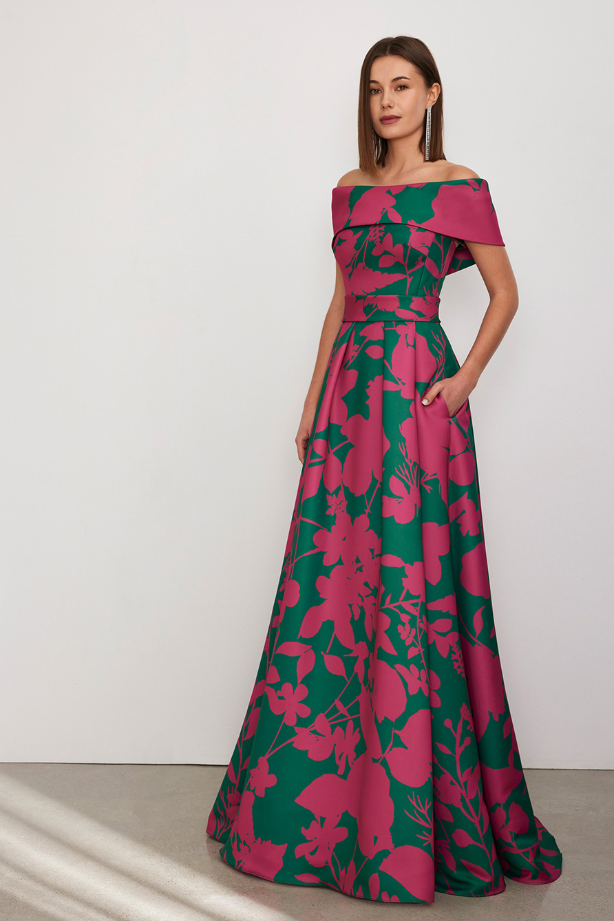 pigal-boutique-bergamo-abito-lungo-fantasia-elegante-cerimonia-verde-fuscia-scollatura-omerale-gonna-ampia-rosa-clara-8TD1